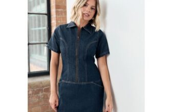 Dark Blue Denim Zip through Mini Polo Dress