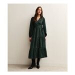 Dark Green Speckled Print Crepe Wrap Midi Dress