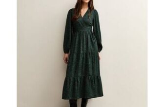 Dark Green Speckled Print Crepe Wrap Midi Dress