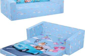 Decalsweet Foldable Kids Sofa,Double Seat 2 in 1 Flip Open Kids Sofa Bed with Pocket,Comfortable Childrens Sofa for Bedroom Nursery Playroom,Gift for Girls Boys-Animal Car