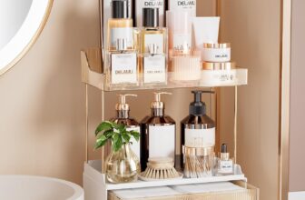 Delamu Makeup Organiser, 2 Tier 2 Drawer Cosmetics Organisers, Multi-Purpose Skincare Organisers, Large Countertop Storage for Bathroom, Bedroom, Exquisite Vanity Storage, Amber