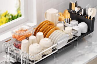 Delamu Stainless Steel Dish Drainer Rack, Expandable Anti-Rust Large Dish Racks for Kitchen Counter, Dish Strainers with Drainboard, Utensil Holder & Cup Holder, 1 Tier, 34-73cm L x 30cm W