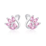Deyanse Sterling Silver Pink Swan Stud Earrings for Girls, Hypoallergenic