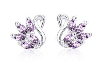 Deyanse Sterling Silver Swan Stud Earrings with Purple Zirconia