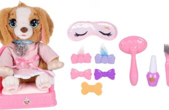 Disney Princess Style Collection Pampered Pup by Jakks Pacific, Interactive Kids Toys & Girls Toys Set with Adorable Dog, Pet Grooming Accessories, Sleeping Eye Mask, Nail Polish, Doll Clips & Chair