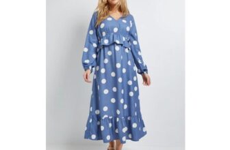 Dorothy Perkins Blue Spot Shirred Waist Long Sleeve Maxi Dress