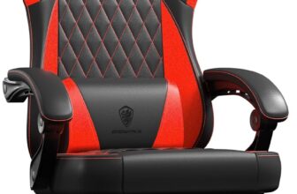 Dowinx Gaming Chair for Adults, Ergonomic Gaming Chairs with Footrest & Linkage Armrests,Game Chair mit Massagefunktion, Breathable Soft Leather Gamer Chair,Adjustable 90145Recline,Red