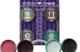 Dr.PAWPAW x Wednesday Outcasts Lip Tin Collection 4 x 10g, Nourishing Tinted Lip Balm Set with Sheer Black Pink Clear and Plum, Pawpaw Infused Hydrating Lip Care Gift Set