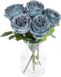 DuHouse 5Pcs Real Touch Silk Roses Fake Dusty Blue Roses with Stems Artificial Flowers for Arrangement Wedding Party Home Decoration