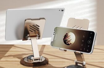 Dual Folding Phone Desk Stand, Adjustable Cell Phone Stand Accessories, 360Rotating Phone Holder for Desk, with Wooden Disc Base, for iPhone 16 15 14 13 12 Pro Max and All Smart Phones (Gold)