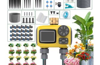 Dual Port Water Timer with LCD Display,Latest Automatic Watering System with 3 Separate Watering Programmes,IP55 Waterproof,3 Types of Drip Tips for Garden/Greenhouse/Lawn