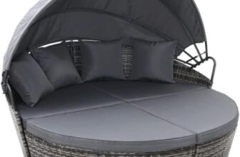 EVRE Bali 3 Piece Modular Round Rattan Wicker Patio Garden Furniture Daybed Sun Lounger Set with Extendable Canopy and Conversation Seat Cushions (Mixed Grey)