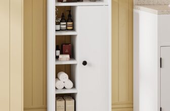 FEONASE 7 Tie Bathroom Storage Cabinet, Freestanding Bathroom Cabinet with Magnetic Door and Adjustable Shelves, 80x22x34cm, White Slim Bathroom Cabinet MDF for Small Spaces, White