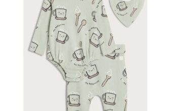 F&F 3-Piece Cotton Rich Babyccino Bodysuit, Legging & Bib Set in Green
