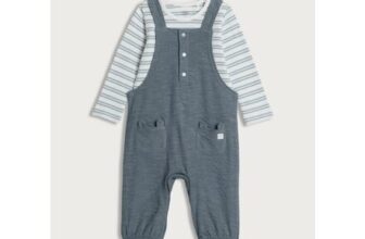 F&F Baby 2-Piece Stripe Print Bodysuit & Dungarees Set in Grey (0 – 3 Months)