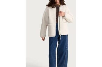 F&F Borg Zip up Collarless Jacket in Cream