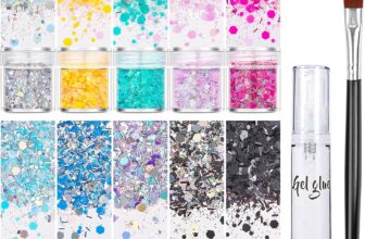 Face Glitter Festival with Glue for Body, Stage, Party, Makeup, Body Glitter Festival Accessories, Chunky Hair Glitter – Includes Gel Glue and Brush (10 Colors PowderSequinsStrips Mixed Series)
