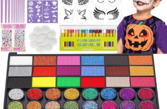 Face Painting Kit, 42 Colors Body Paint With 6 Stencils, 16 Face Paint Crayons, 41 Stencil Stickers, 10 Brushes, 2 Sheets Adhesive Gems, Rainbow Flash Tattoo Facepaint for Kids Party & Halloween