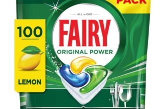 Fairy Original Power Dishwasher Tablets Lemon, 100 Capsules, 1st Time Cleaning Action With No Rewash