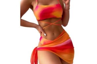 Fdsmall Womens 3-Piece Tie-Dye Bikini Set with Skirt, Orange
