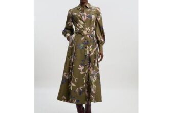 Floral Print Cotton Sateen Woven Belt Detail Midi Skirt