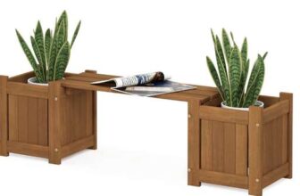 Furinno wood planter with bench Natural, 26.16 x 100.33 x 29.72