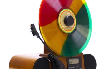 Fuse Vert AT Vertical Record Player with Audio-Technica Cartridge – Mid-Century Modern Vinyl Player with Built-in Speakers & Bluetooth