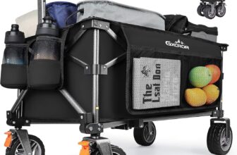 GXCROR Folding Trolley Cart – 140L Heavy Duty Collapsible Wagon with Removable 14.5cm diameter & 6cm Wide Wheels for Camping, Beach, Gardening, 130kg Capacity