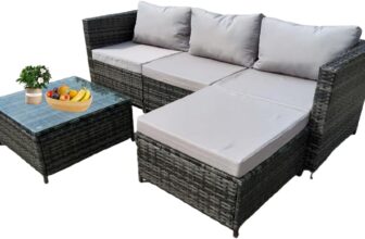 Garden Corner Sofa Furniture, 4-Seater All-Weather Rattan Corner Sofa Set w/Tempered Glass Coffee Table,Ottoman – L-Shaped Patio Garden Furniture (Grey RattanLight Grey Cushion)-YXL-2