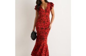 Gini London Red v Neck Floral Print Ruffle Maxi Dress