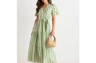 Gini London Sage Green Stripe Wrap Belted Viscose Midi Dress