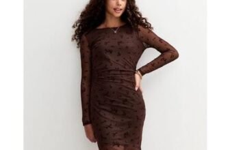 Girls Brown Mesh Flocked Floral Dress