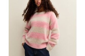 Girls Pink and Cream Fluffy Striped Jumper