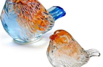 Glass Ornaments, 2PCS Handmade Glass Bird Figurines, Set of Large & Small Birds, Crystal Clear Animal Sculptures for Home Shelf Desk Decor, Unique Gift for Birthday, Festival, Wedding, Anniversary