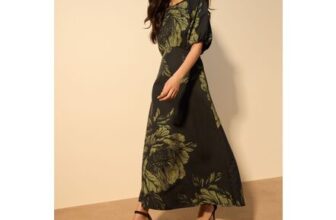 Green Floral Puff Sleeve Midi Dress