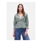Green Ruffle Collar V-Neck Top