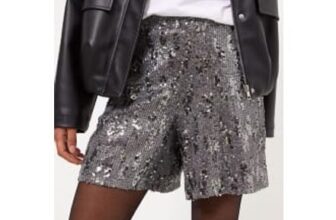 Grey Sequin Embellished Zip Closure Shorts