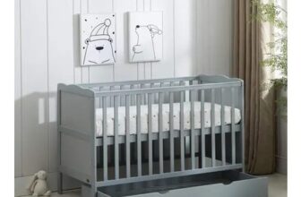 Grey Wooden Baby Cot Bed with Rollaway Drawer and Mattress
