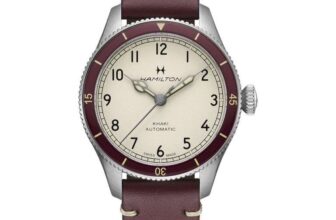 HAMILTON Mens Khaki Aviation Pilot Pioneer 38mm Burgundy Strap Watch – H76265810