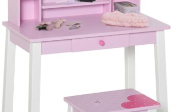HOMCOM 2 PCS Kids Wooden Dressing Table and Stool Girls Vanity Table Makeup Table Set with Mirror Drawers Role Play Toy for Toddlers Age 3 Years , Pink and White