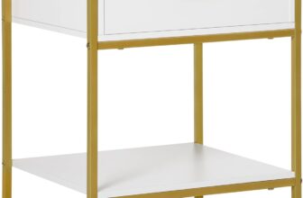 HOMCOM Bedside Table with Storage Drawer and Open Shelf, Modern Nightstand, Side Table with Metal Frame for Bedroom, Living Room, White