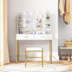 HOMCOM Dressing Table with Lighted Mirror, Cushioned Stool, Drawers, Shelves, LED Makeup Vanity Desk Set, Modern Dresser Vanity Table for Bedroom, White