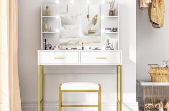 HOMCOM Dressing Table with Lighted Mirror, Cushioned Stool, Drawers, Shelves, LED Makeup Vanity Desk Set, Modern Dresser Vanity Table for Bedroom, White