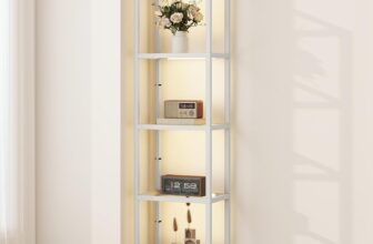 HOMCOM LED Floor Lamp with Glass Shelves, 4 Layers Dimmable Tall Standing Lamp, Modern Column Shelf Floor Light for Living Room, Bedroom, Office, Grey