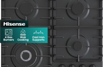 Hisense GM663BHF Gas Hob, 4 Cooking Areas, Width 60 cm, Double Crown Wok Burner and Cast Iron Grills, Integrated Ignition, Black