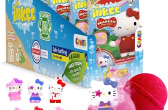 INKEE Hello Kitty Kids Bath Bomb Gift Set 5 Bath Bombs with Surprise Toy Figures Fun Bubble Bath Fizzies with Jojoba Oil and Watermelon Scent Suitable for Children 3