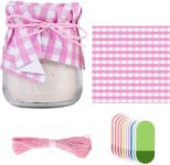Jam Jar Decoration Kit 50 Gingham Paper Doilies 100 Smiley Self Adhesive Labels 30m Twine Complete Fresh Cottage Style Set for Homemade Jam Preserves Canning Accessories Gifts (Pink)