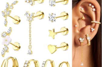 JeweBella 15Pcs Flat Back Earrings Surgical Steel Helix Piercing Jewellery Hypoallergenic Stud Hoop Earrings Set Cartilage Earrings Daith Conch Tragus Piercing Jewellery