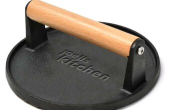 Joejis Kitchen Burger Meat Bacon Press – Heavy Duty Cast Iron Non-Stick – Professional Burger Smasher Sear Perfect Char Marks Wood Handle
