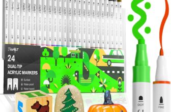 JusArt 24 Colors Dual Tip Acrylic Paint Markers with Dot and Fine Tip, No-Bleed Paint Pens and Waterproof Markers for Rock, Wood, Glass, Ceramic – Vibrant Art Supplies for Kids, Beginners & Artists